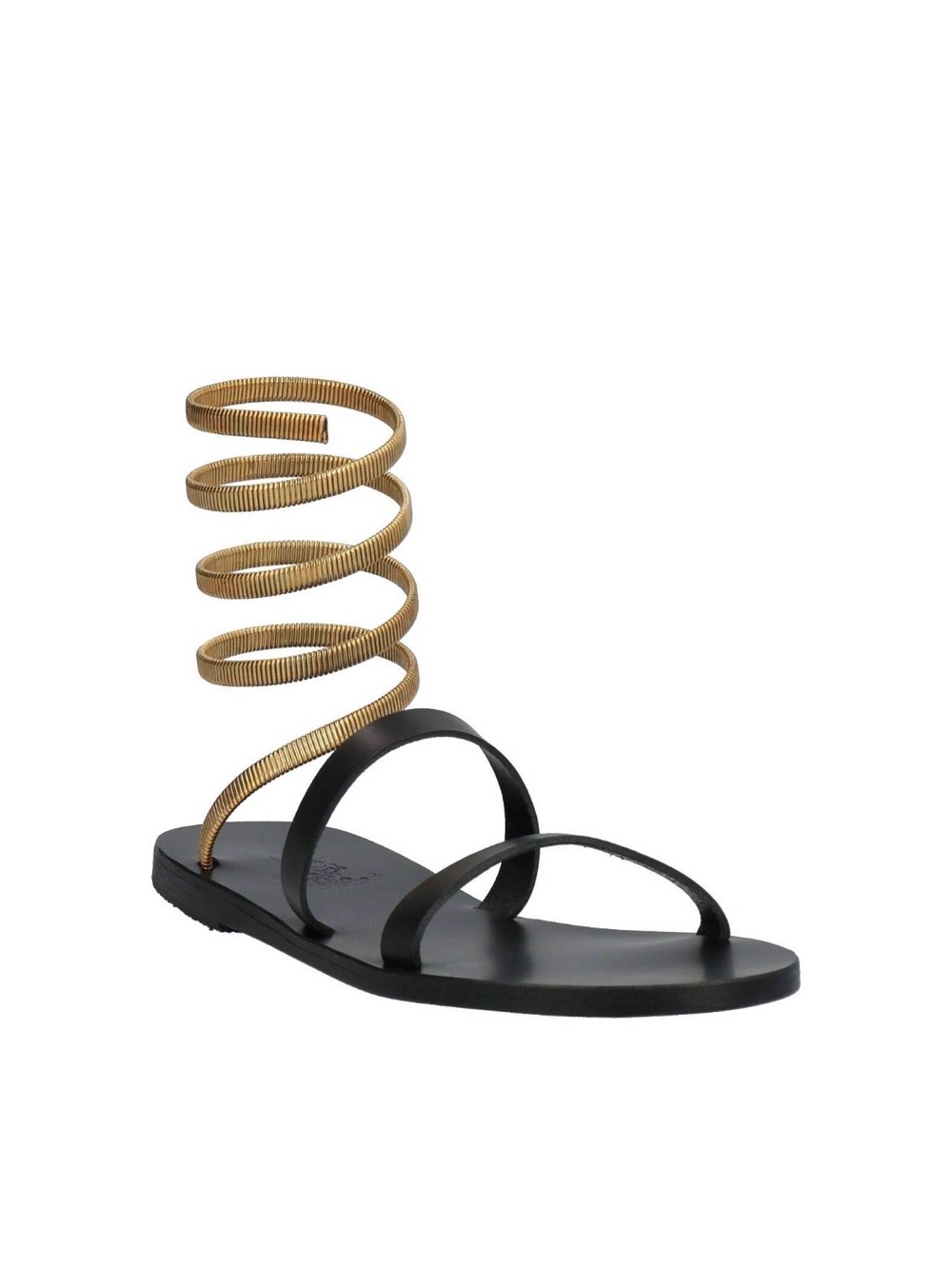 Ancient Greek Sandals Black Leather Sandal Gold Metal Ankle Wrap (never worn)